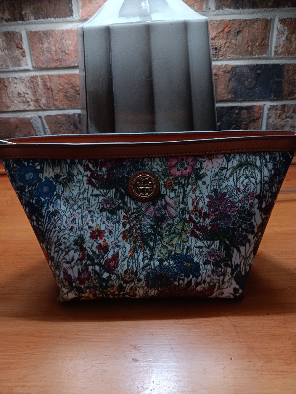 Tory Burch Multicolor Floral Canvas Cosmetic Pouch with Tan Trim